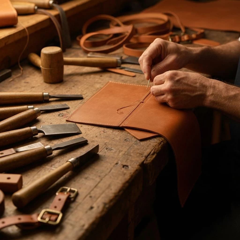 Rich full-grain leather showing its natural grain and patina