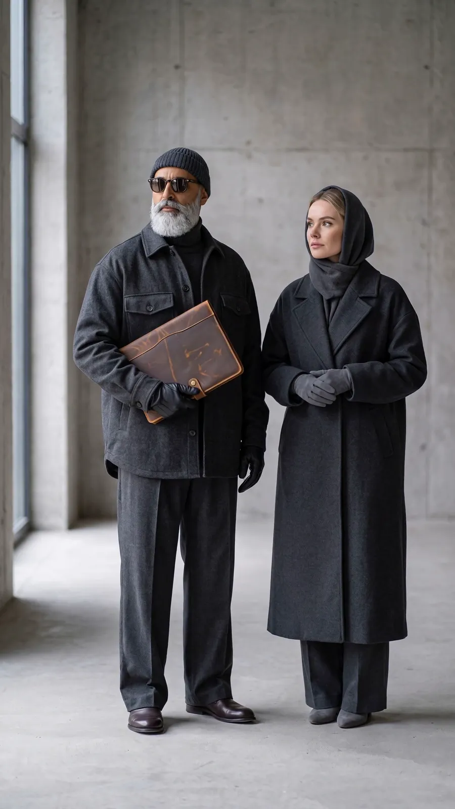 A couple standing in a concrete gallery, the man holding the antique brown buttoned leather portfolio