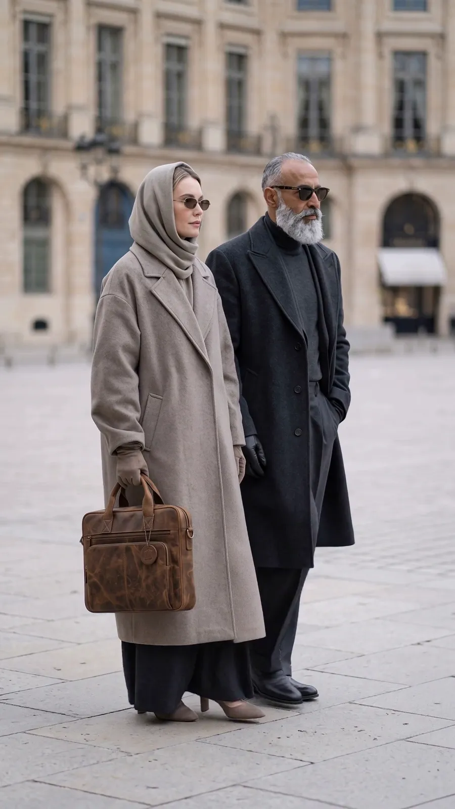 A couple crossing a limestone plaza, the woman carrying the distressed brown Art 301 leather laptop bag