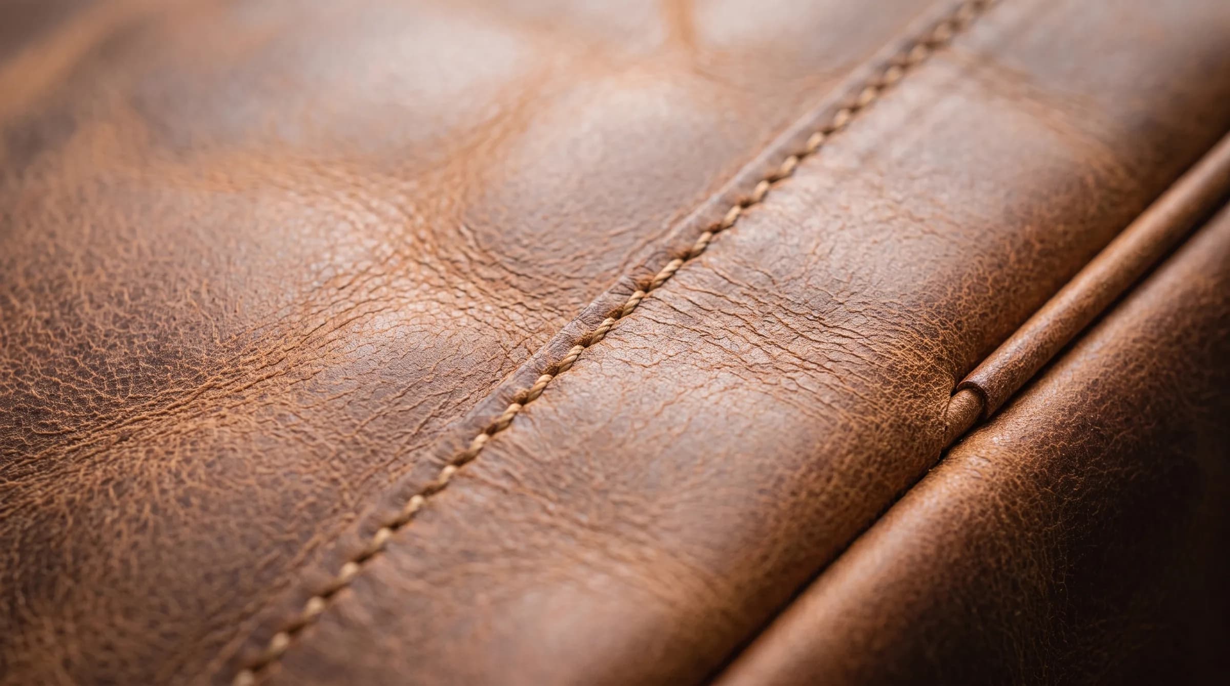 Close view of tan full-grain leather with a row of stitching