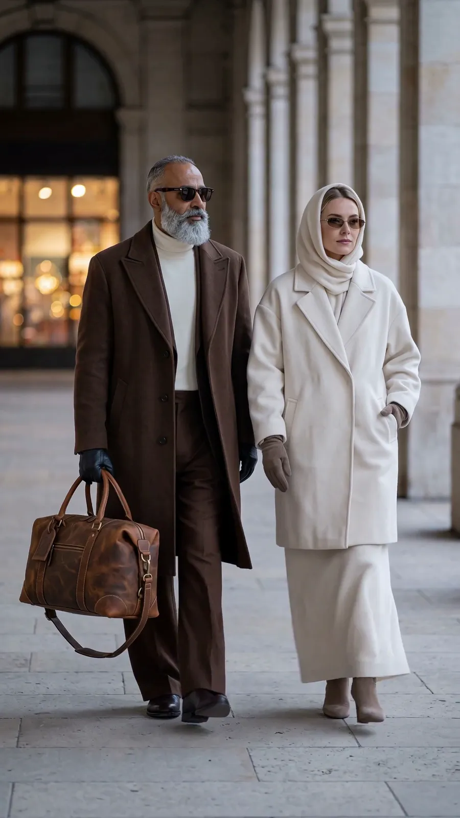 A couple in long wool coats walking beneath a limestone colonnade, the man carrying the tan Art 201 leather duffle