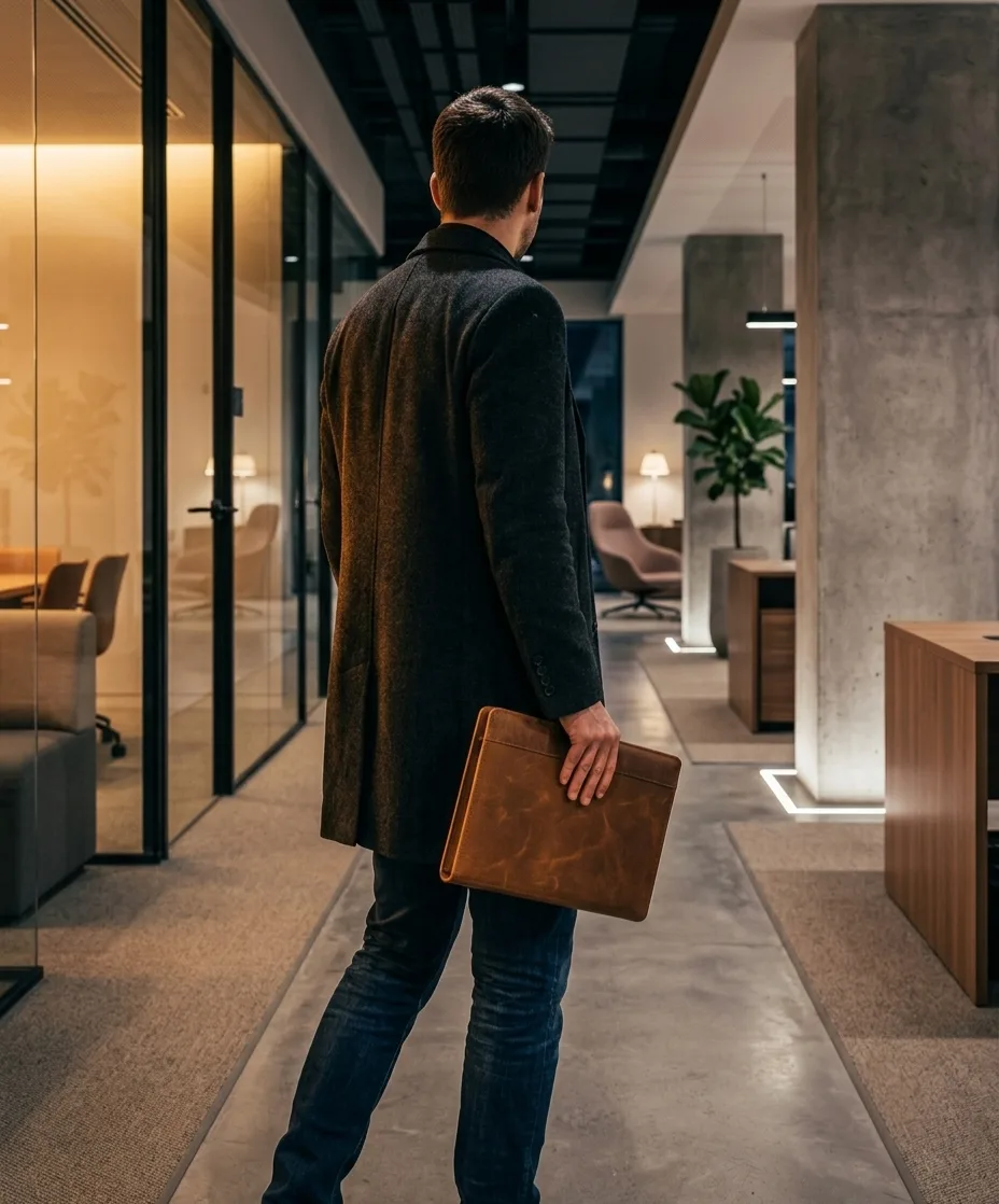 Buttoned leather portfolio organiser in antique brown, closed with snap strap, on a walnut desk beside a laptop and coffee