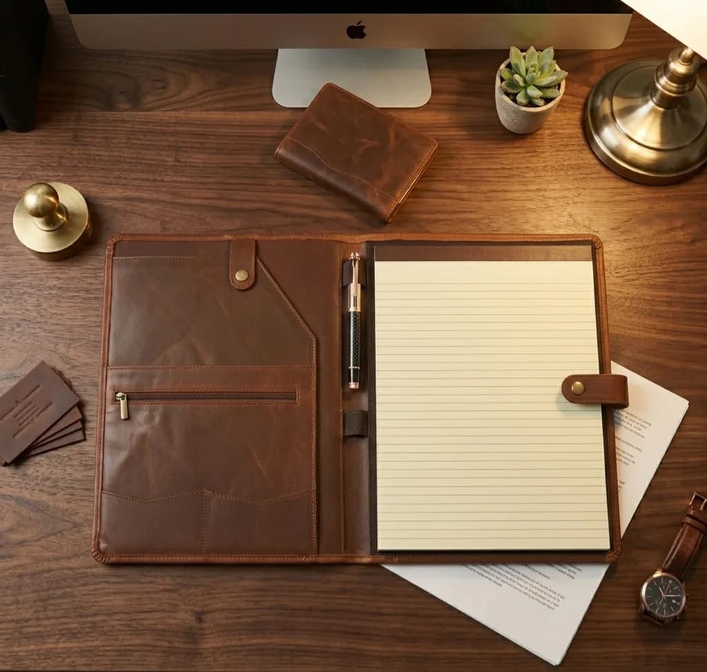 Buttoned portfolio organiser lying open on a desk showing notepad, zippered pocket, pen loop, and snap-flap document pocket