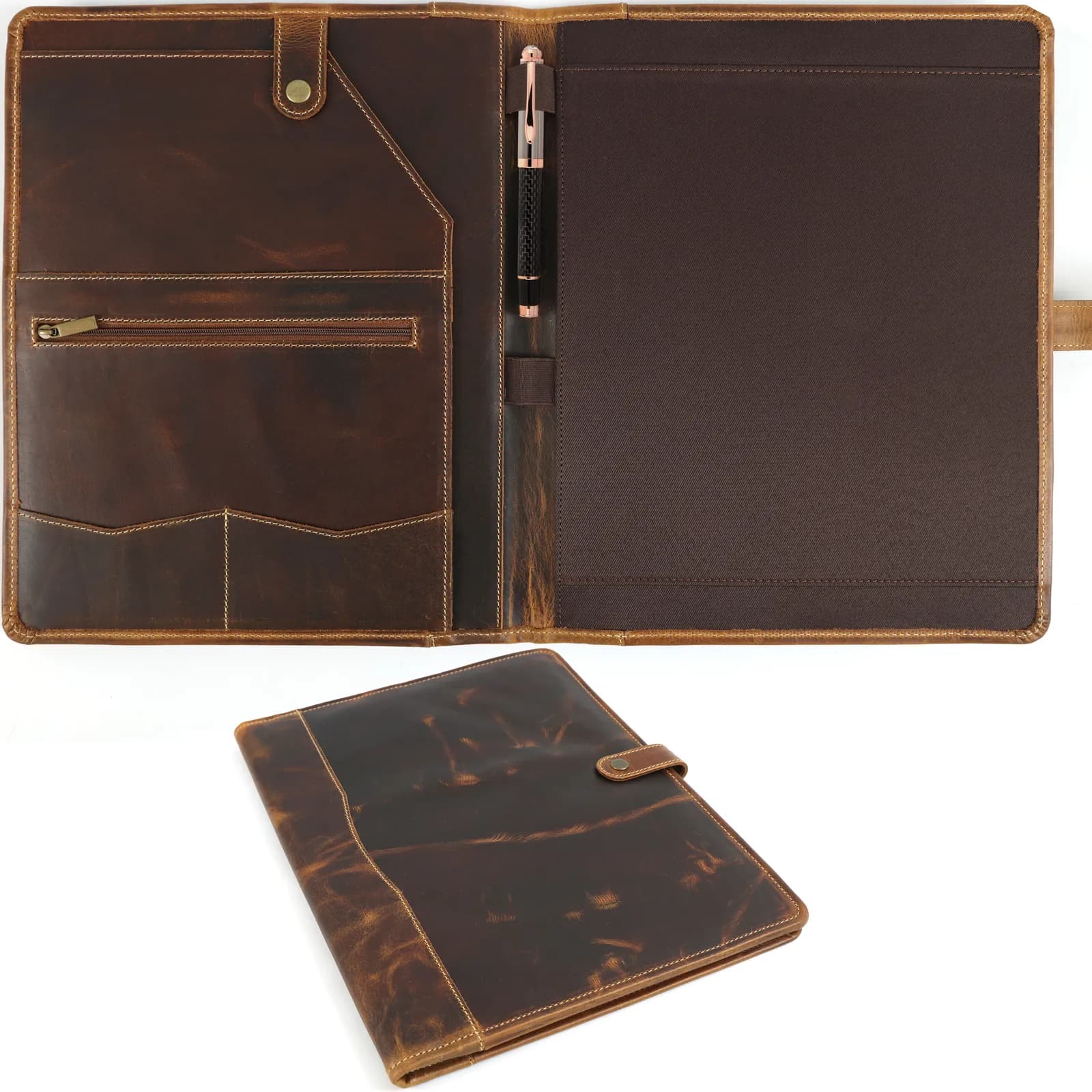 Antique brown buttoned portfolio organiser shown open and closed against a white background