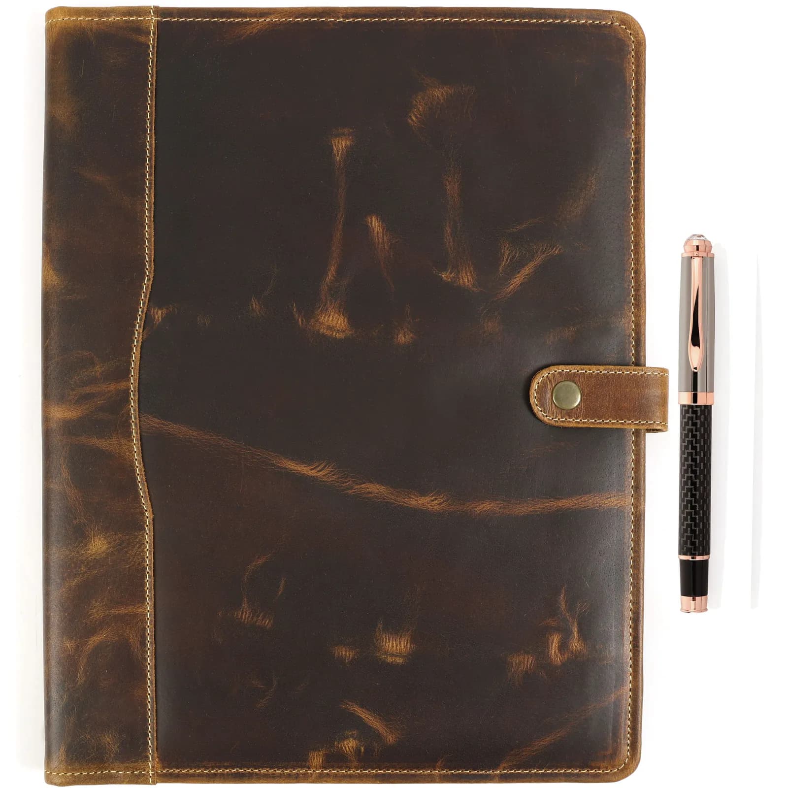 Closed antique brown leather portfolio organiser with brass snap-strap closure and fountain pen