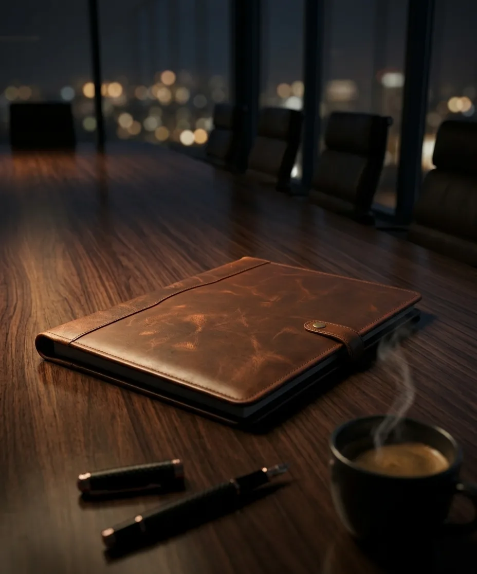 Antique brown buttoned portfolio organiser resting on a boardroom table at night