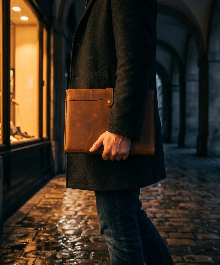 Man in an overcoat carrying the antique brown buttoned portfolio organiser through an office corridor