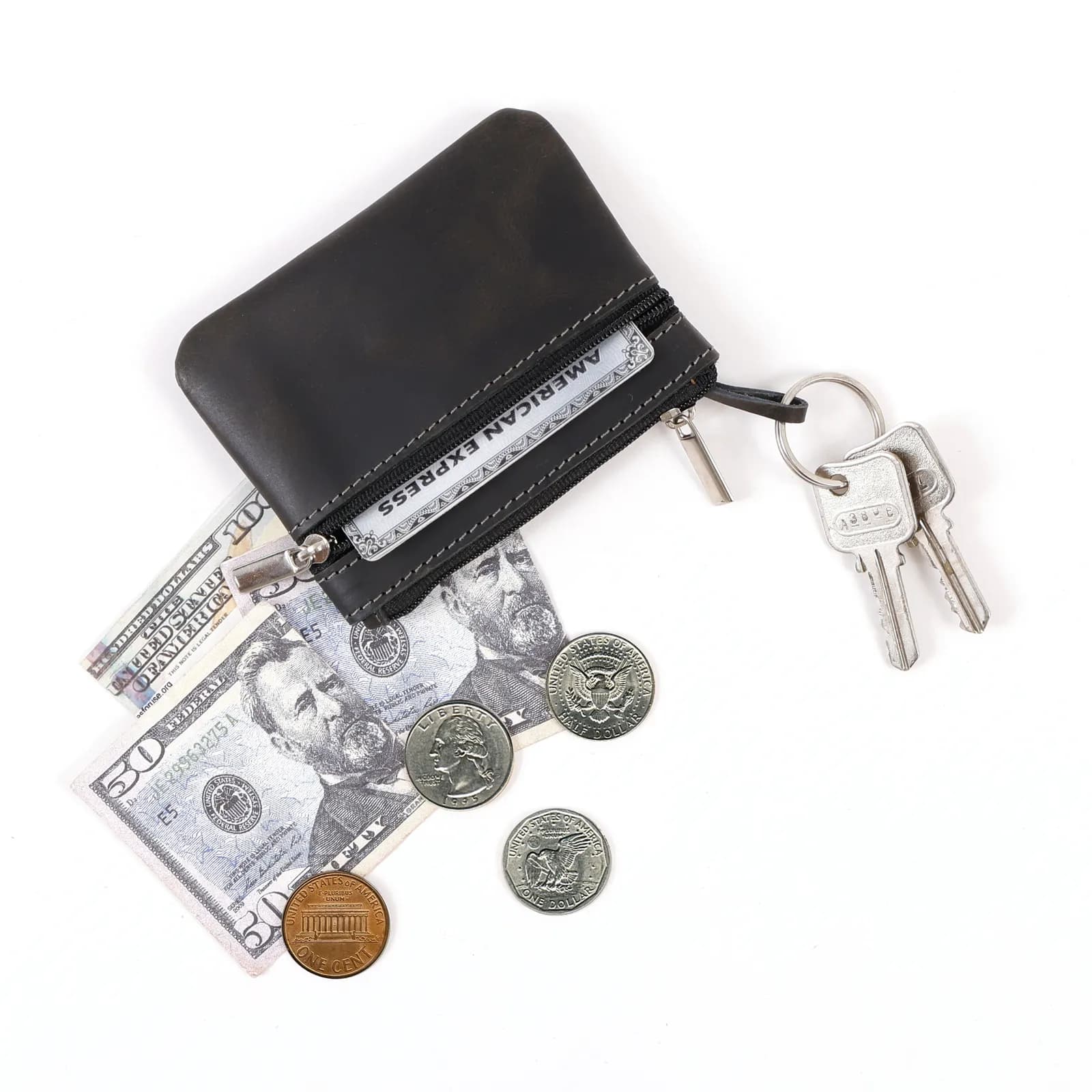 Leather Chain Coin Pouch in black full-grain leather — view 4