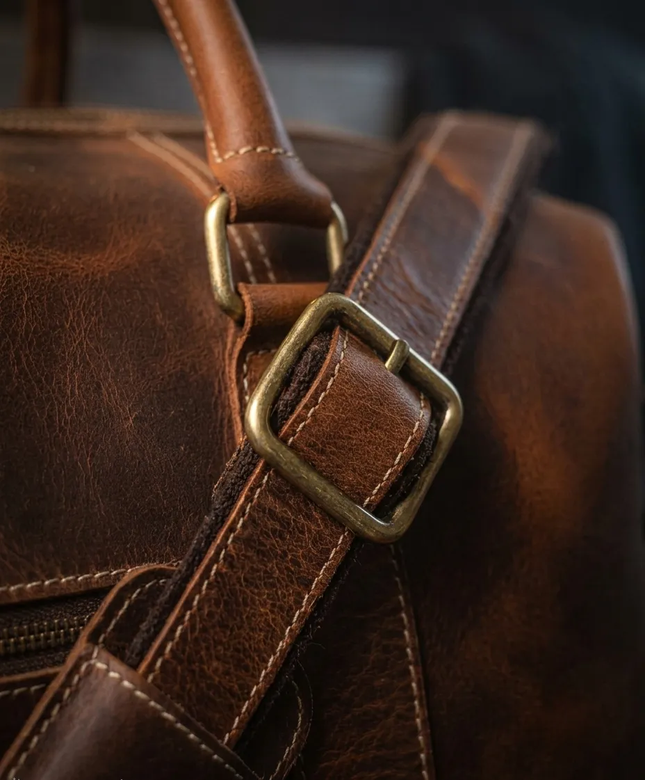 Close-up of the solid brass buckle and saddle stitching on the Art 201 leather duffle strap