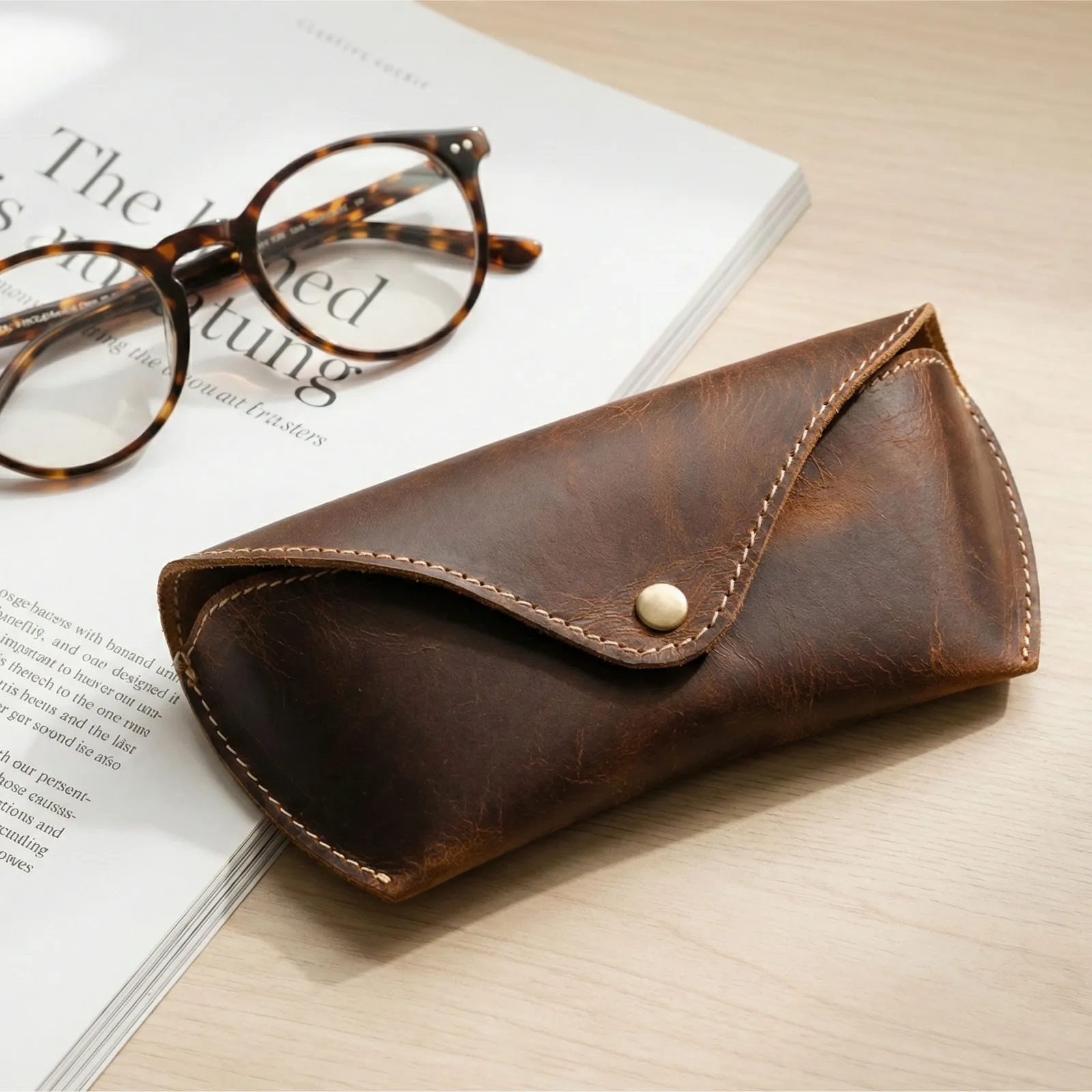 Leather Glasses Case in brown full-grain leather — view 3