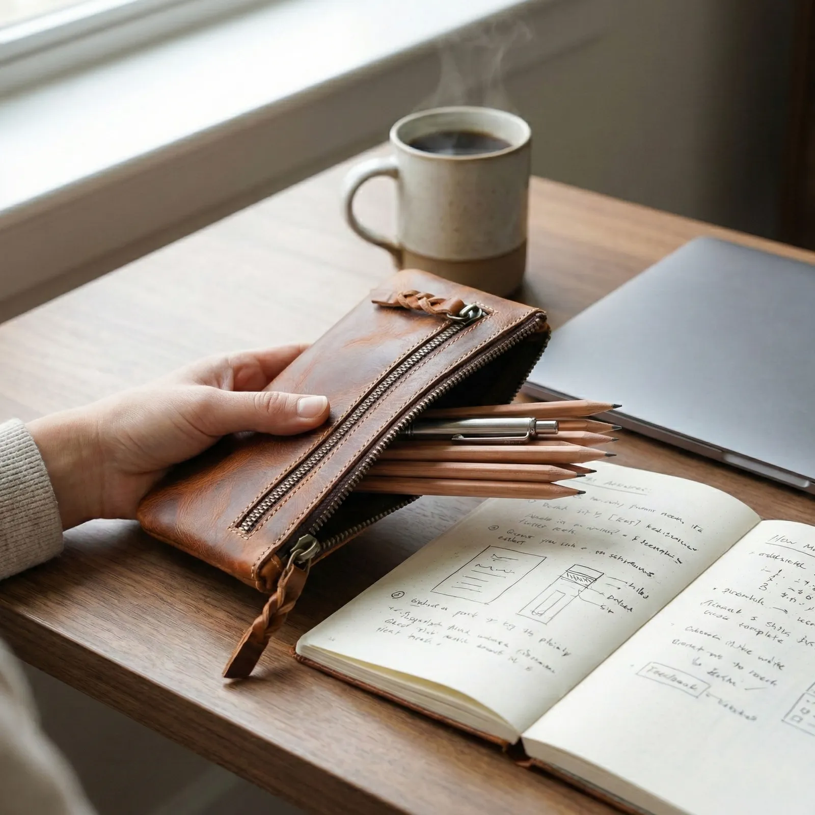 Leather Pencil Case 8×4 in brown full-grain leather — view 3
