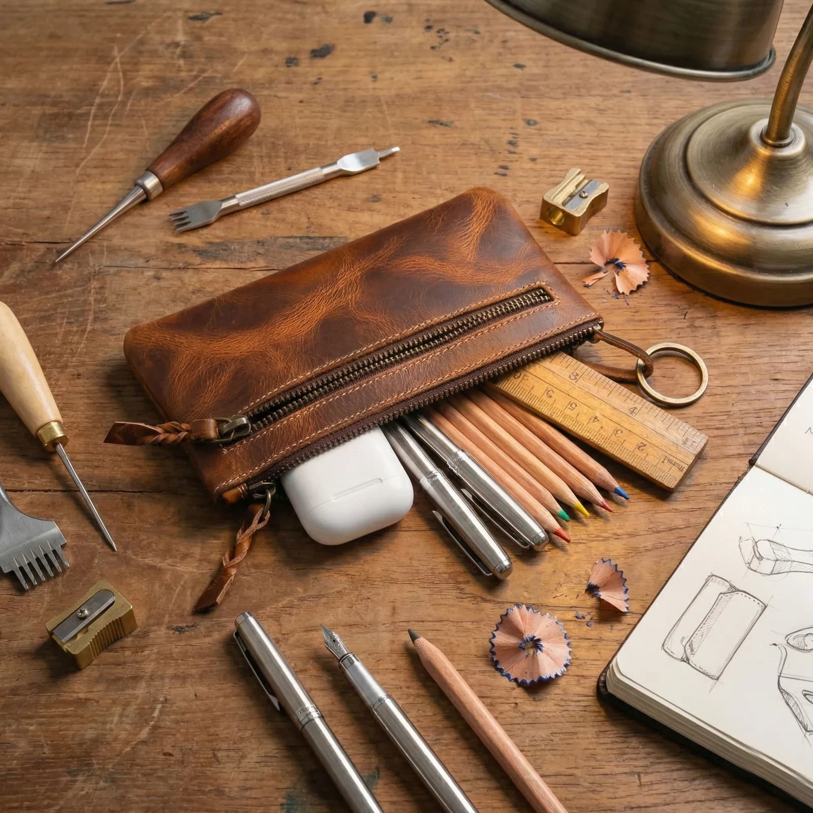 Leather Pencil Case 8×4 in brown full-grain leather — view 4