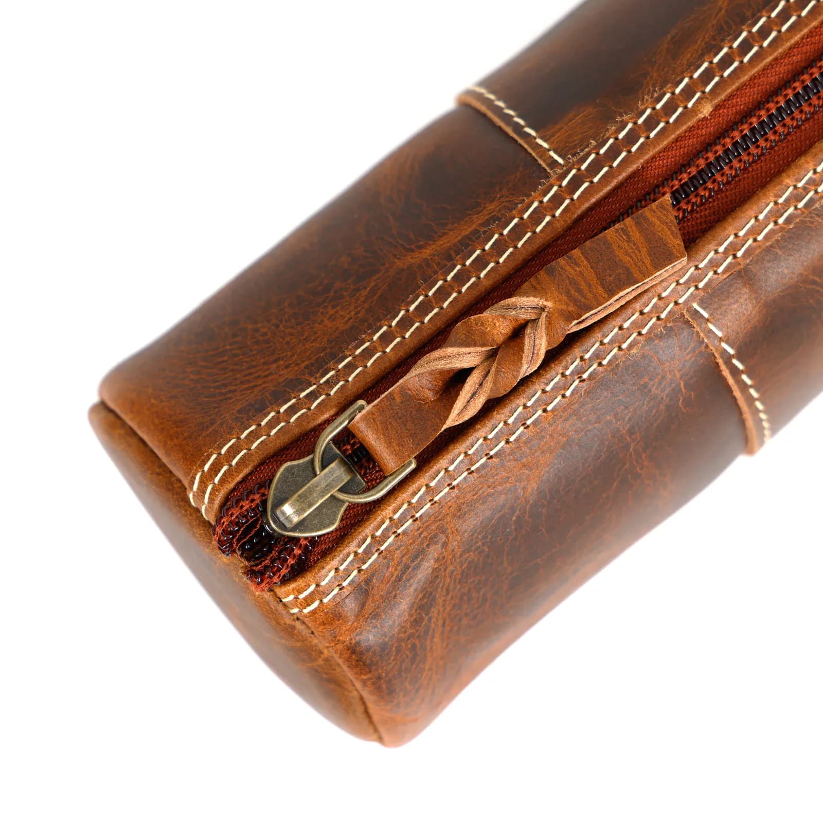 Leather Round Pencil Case — Brown