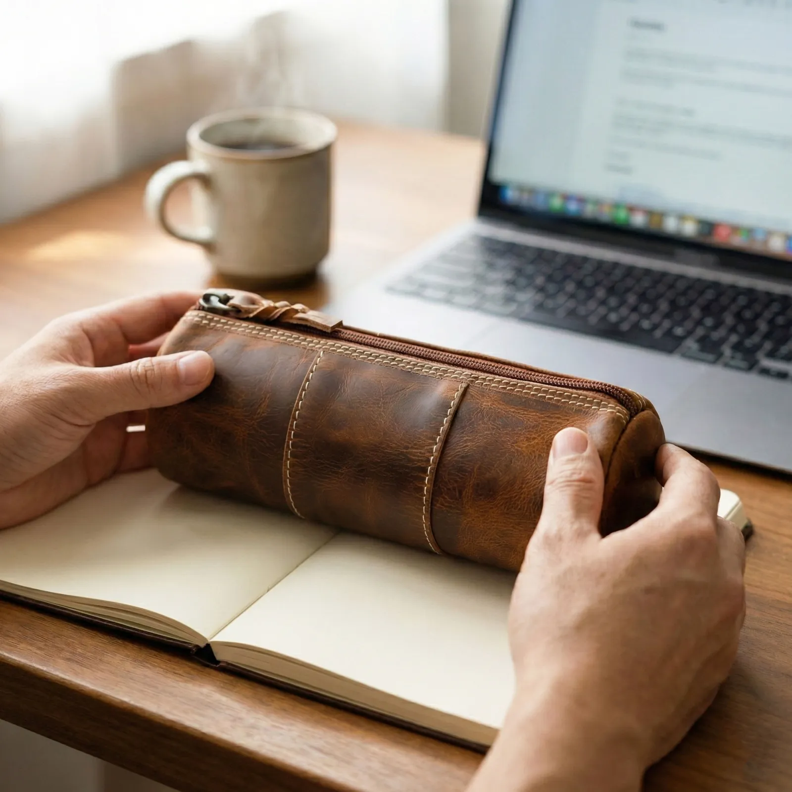 Leather Round Pencil Case in brown full-grain leather — view 3