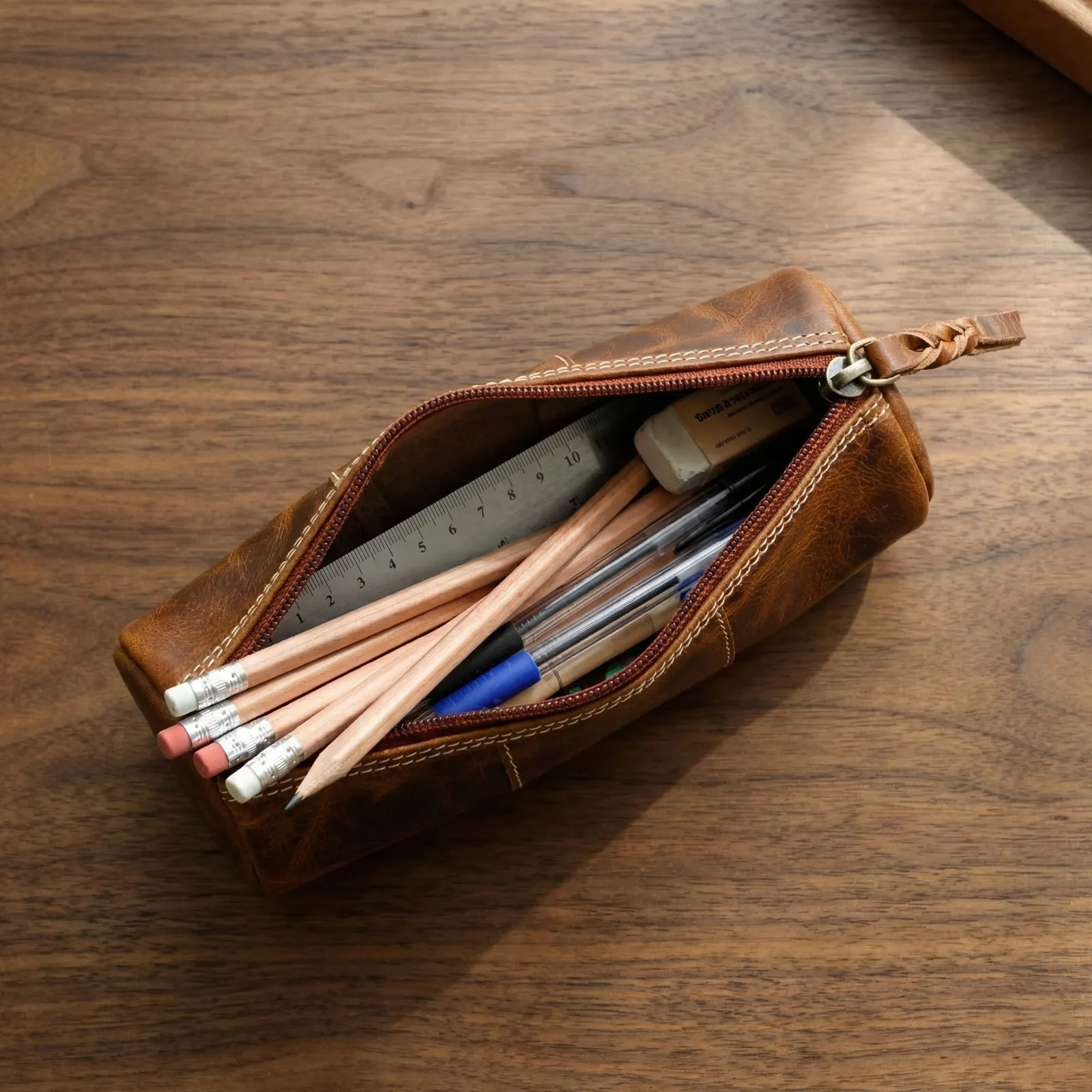 Leather Round Pencil Case in brown full-grain leather — view 4