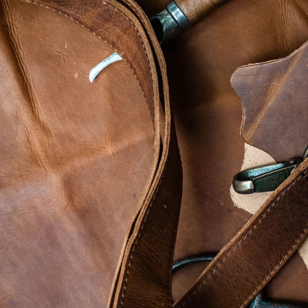 Full-grain leather in warm brown tones