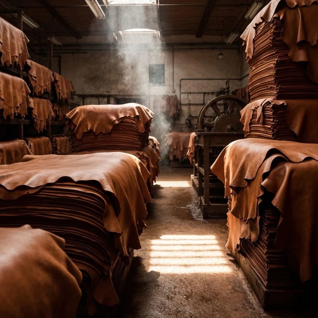 Full-grain leather hides in the Adam Leatherworks workshop