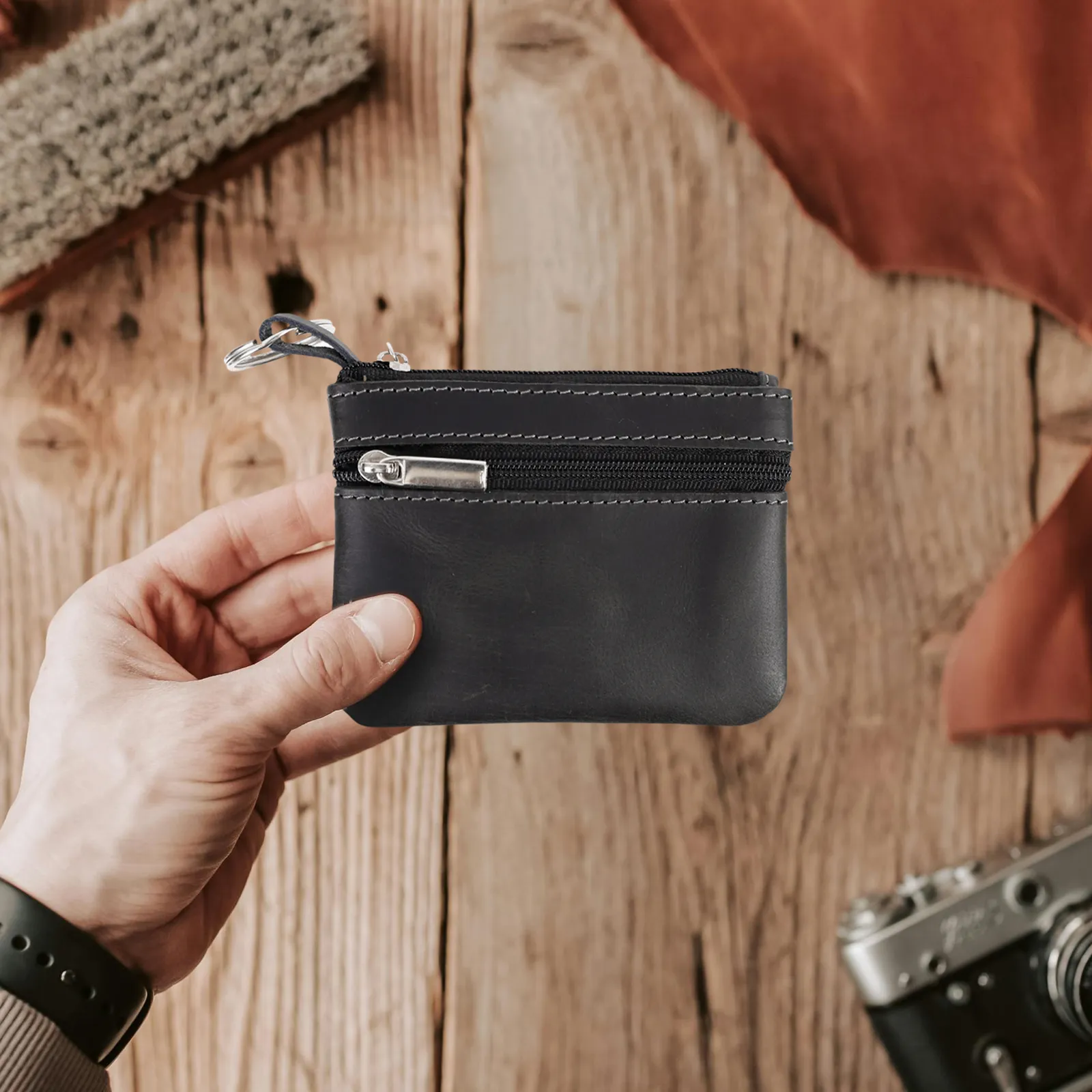 Leather Chain Coin Pouch — Black, alternate view